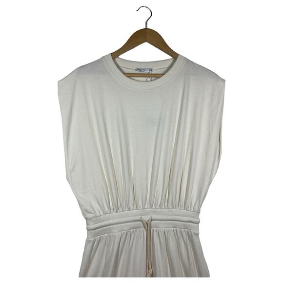 New Zara Dress Womens M Extended Shoulder Midi Tank Cinched Drawcord Waist Ivory - Picture 6 of 16